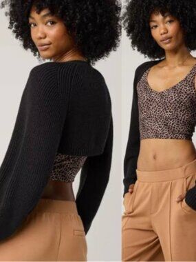 Aerie Offline Black Long Sleeve Cropped Open Ribbed Knit Sweater Shrug Size M